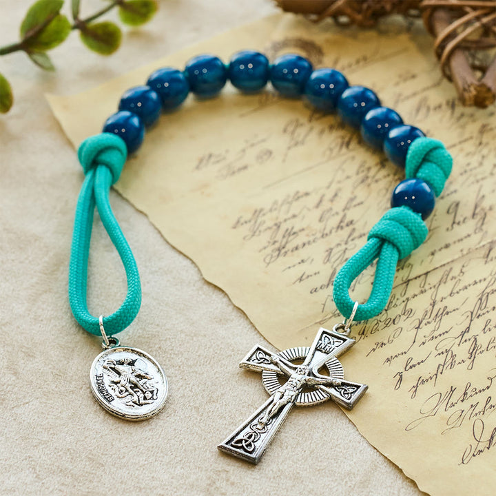 Christianartworkshop Chapelet de poche en perles bleu marine et cordon turquoise avec dévotion à saint Michel - image 3