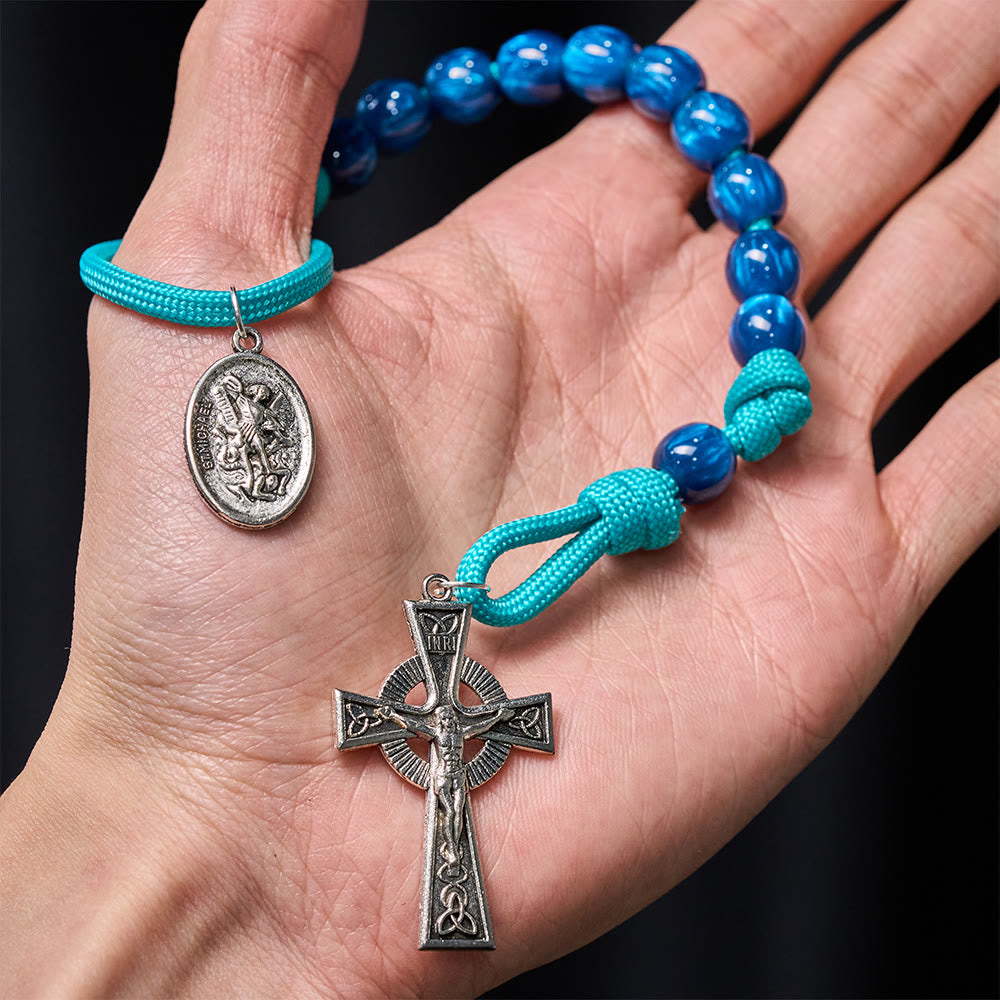Christianartworkshop Chapelet de poche en perles bleu marine et cordon turquoise avec dévotion à saint Michel - image 1
