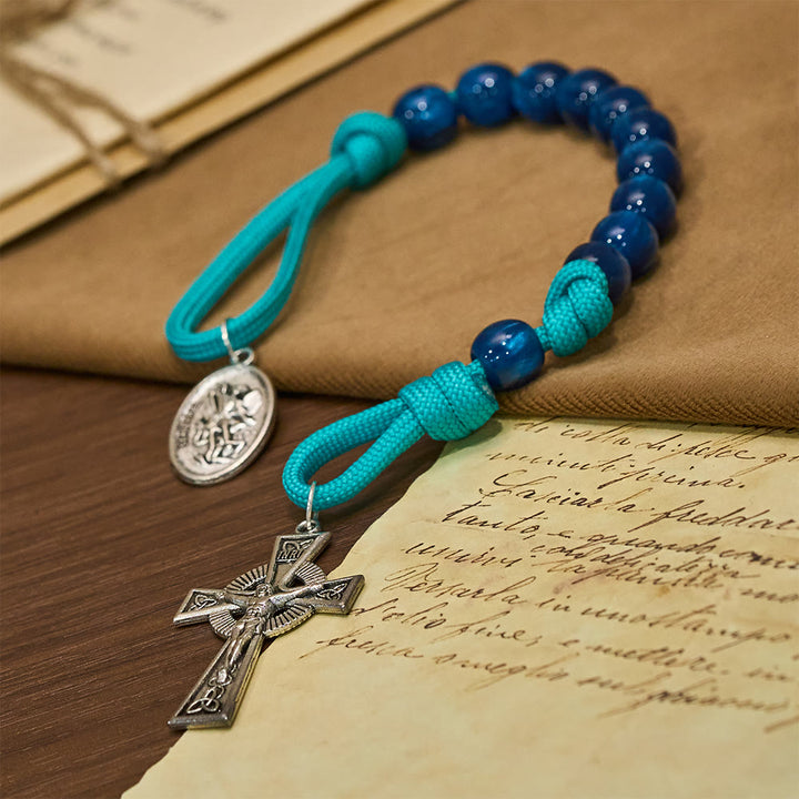 Christianartworkshop Chapelet de poche en perles bleu marine et cordon turquoise avec dévotion à saint Michel - image 2