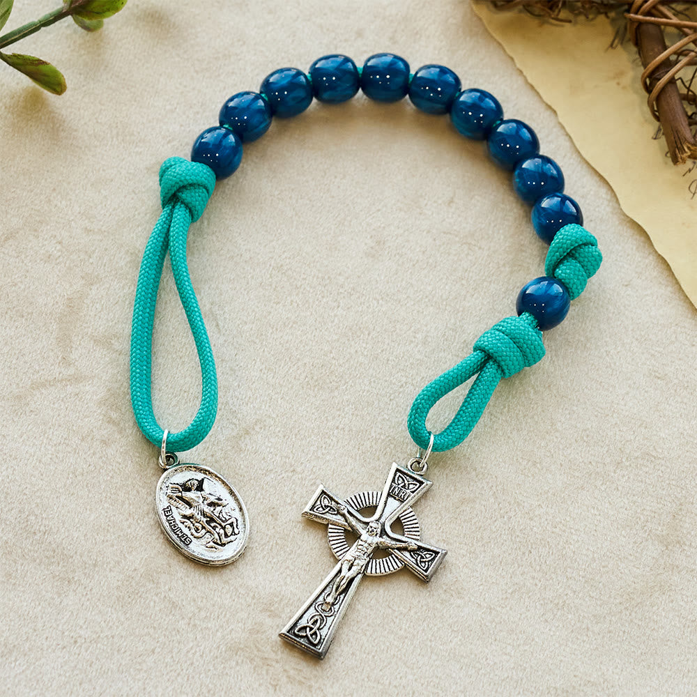 Christianartworkshop Chapelet de poche en perles bleu marine et cordon turquoise avec dévotion à saint Michel - image 4