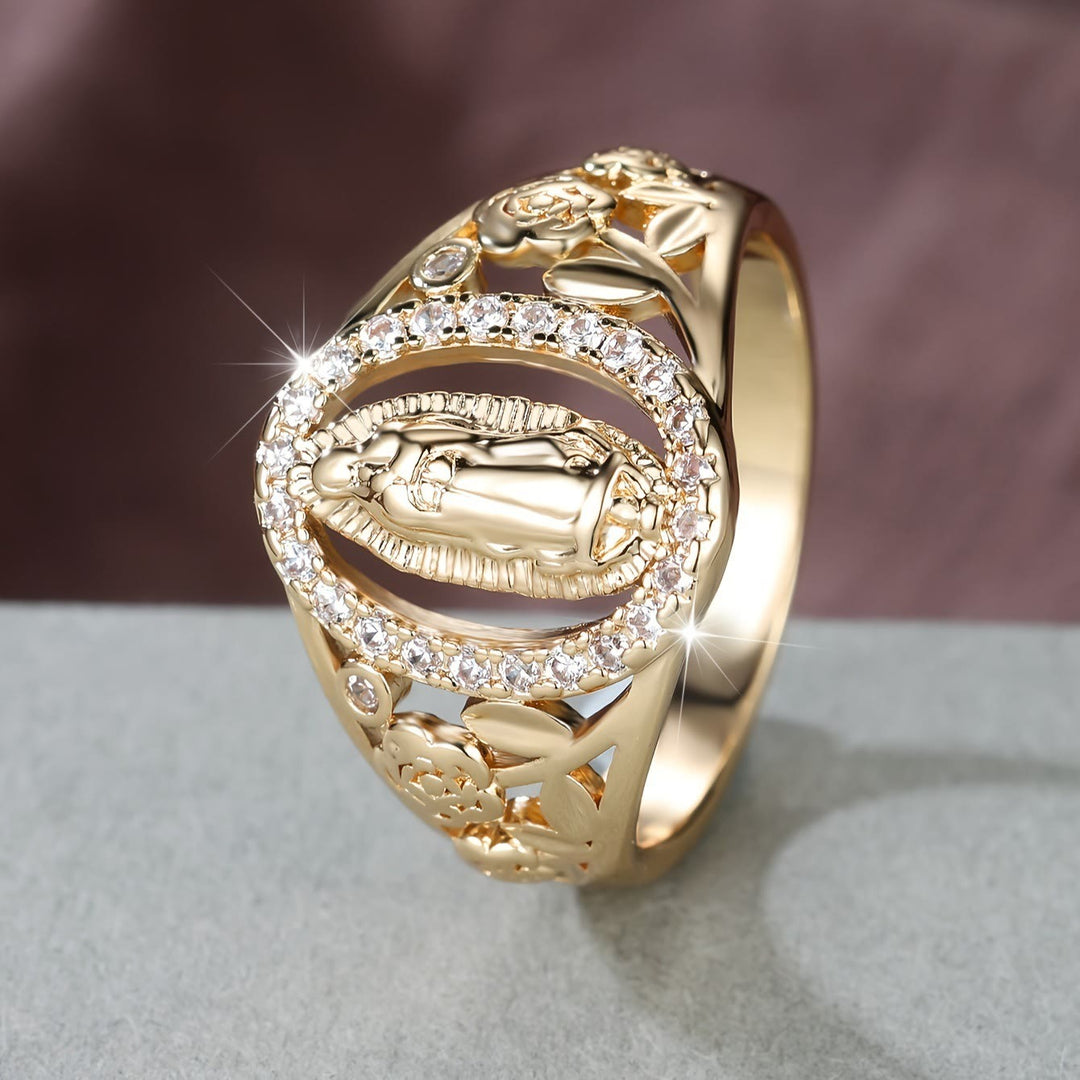 Bague Notre-Dame de Christianartworkshop avec zircons sertis et ornements floraux : incarnez sa tendre grâce - image 1