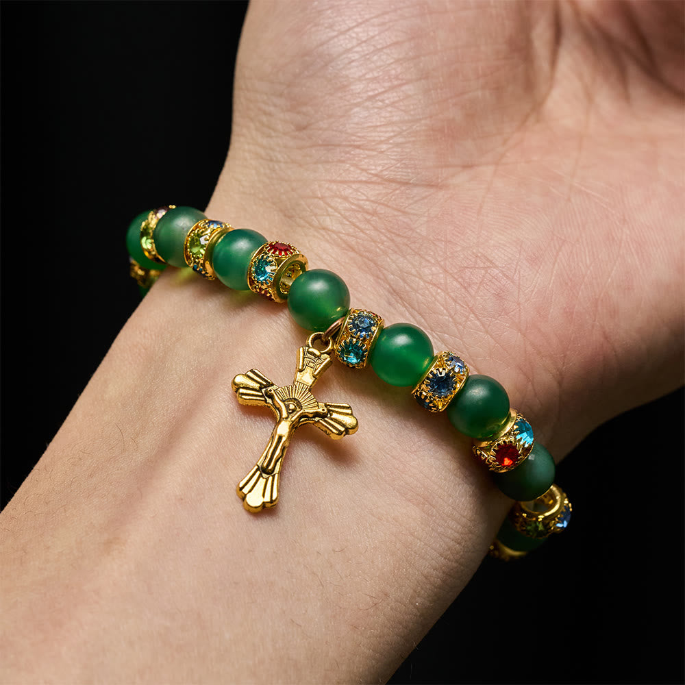 Christianartworkshop Bracelet croix en agate verte givrée et verre blanc : Douce foi dans une texture lumineuse - image 3