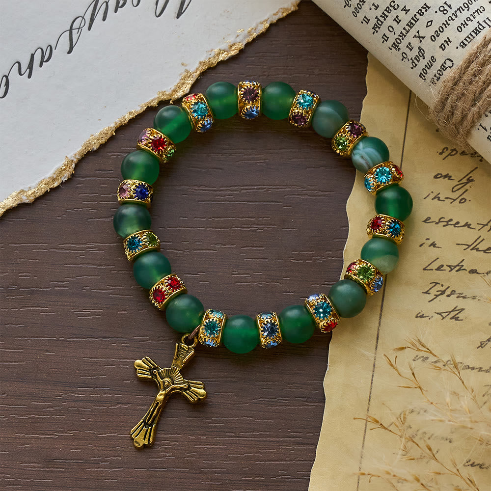 Christianartworkshop Bracelet croix en agate verte givrée et verre blanc : Douce foi dans une texture lumineuse - image 6
