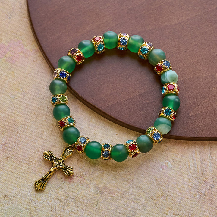 Christianartworkshop Bracelet croix en agate verte givrée et verre blanc : Douce foi dans une texture lumineuse - image 2