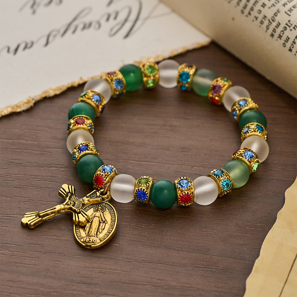 Christianartworkshop Bracelet crucifix en agate givrée lisse et Notre-Dame : Souvenir de son amour tendre - Tour de poignet : 9,06"/23 cm - image 0