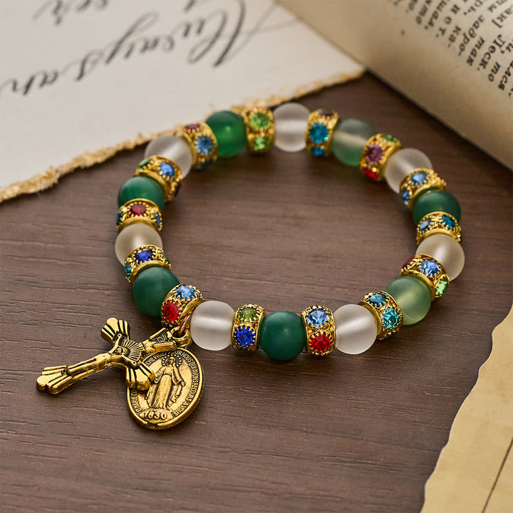 Christianartworkshop Bracelet crucifix en agate givrée lisse et Notre-Dame : Souvenir de son amour tendre - Tour de poignet : 9,06"/23 cm - image 0