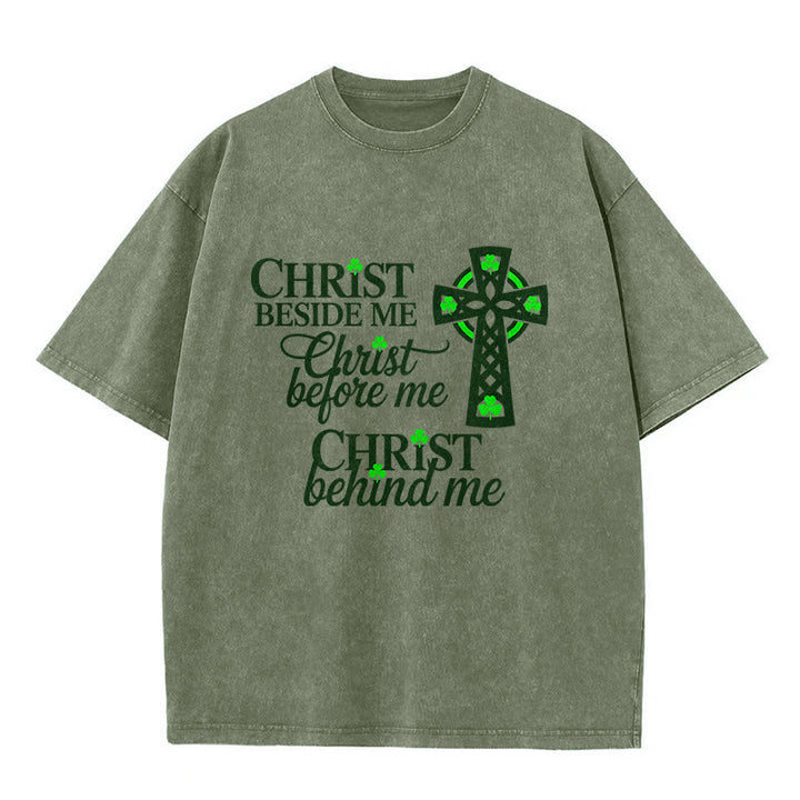 T-shirt unisexe délavé Christianartworkshop Christ Beside Me Celtic Cross : Portez sa présence éternelle - Vert armée - 5XL - image 9
