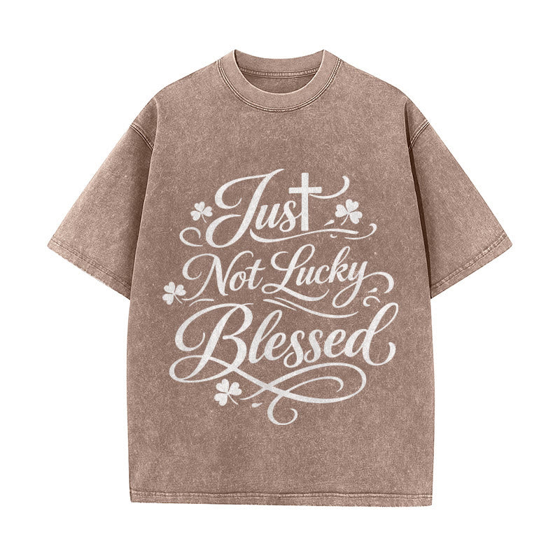 T-shirt unisexe délavé Christianartworkshop « Just Not Lucky », croix bénie et trèfle - Brun - 5XL - image 7