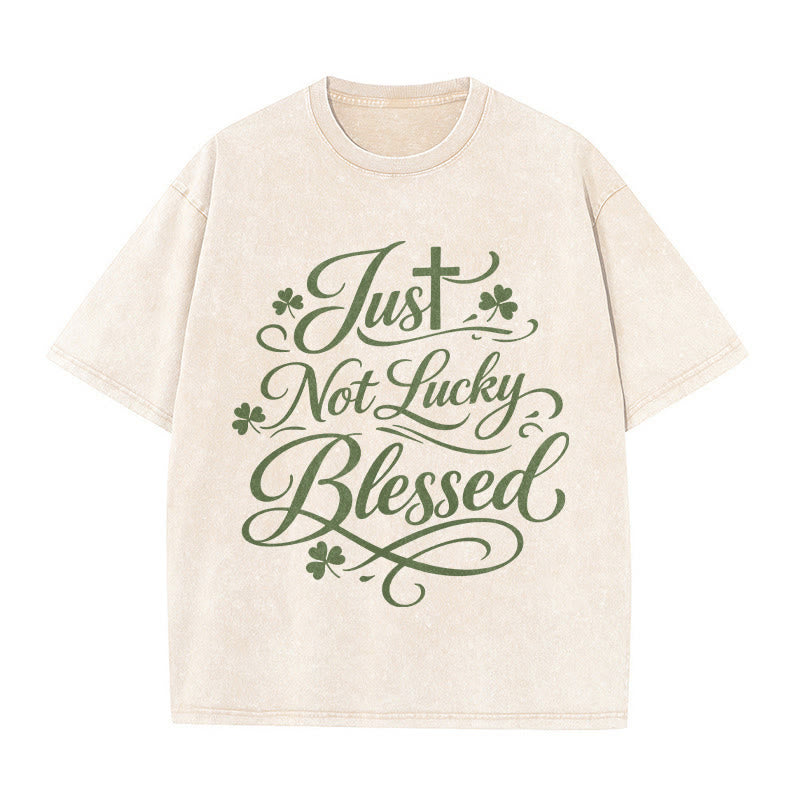 T-shirt unisexe délavé Christianartworkshop « Just Not Lucky », croix bénie et trèfle - Beige - 5XL - image 6