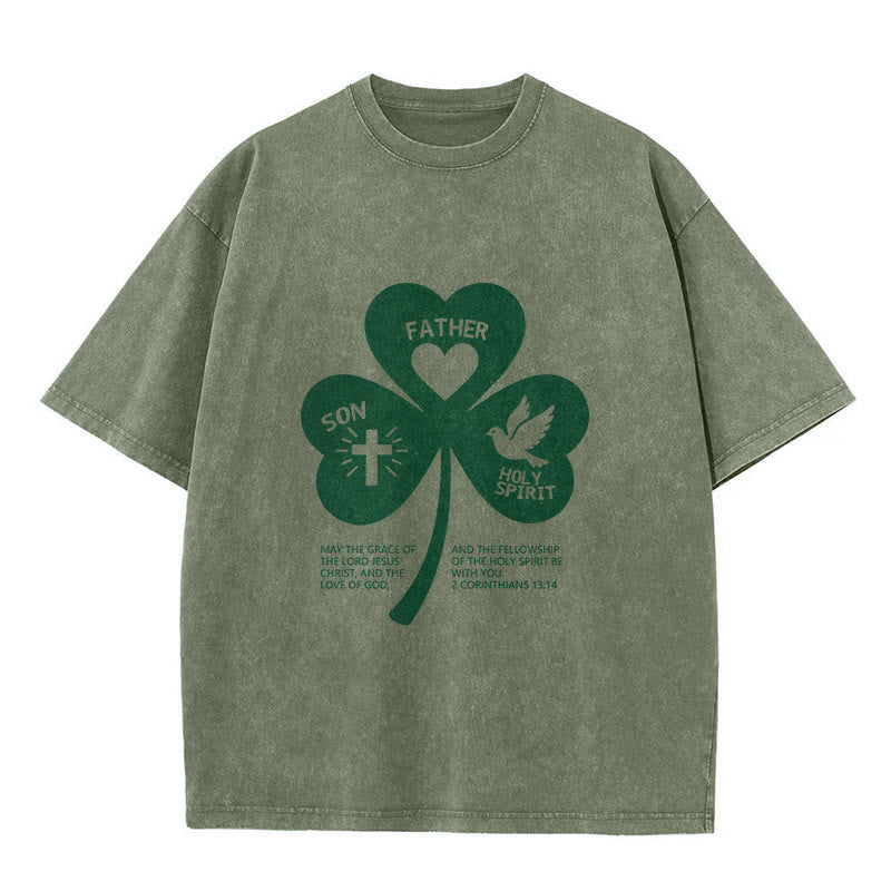 T-shirt unisexe délavé Christianartworkshop Trinity Shamrock 2 Corinthiens 13:14 - Vert armée - 5XL - image 10
