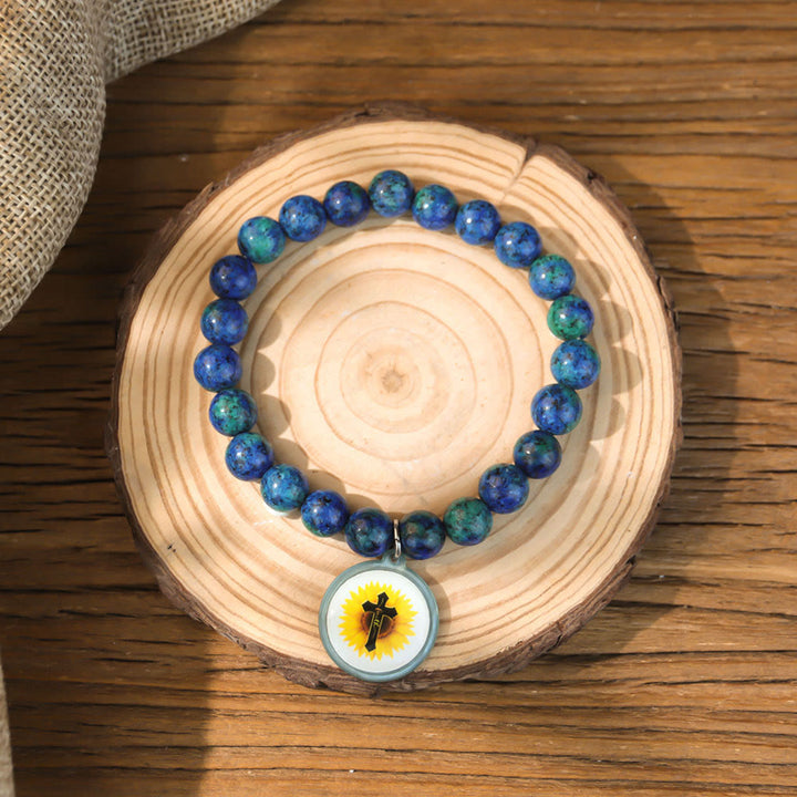 Bracelet en pierre naturelle avec verset biblique connecté NFC de Christianartworkshop : Touchez pour recevoir chaque jour la parole de Jésus - Bleu et Croix B - image 14