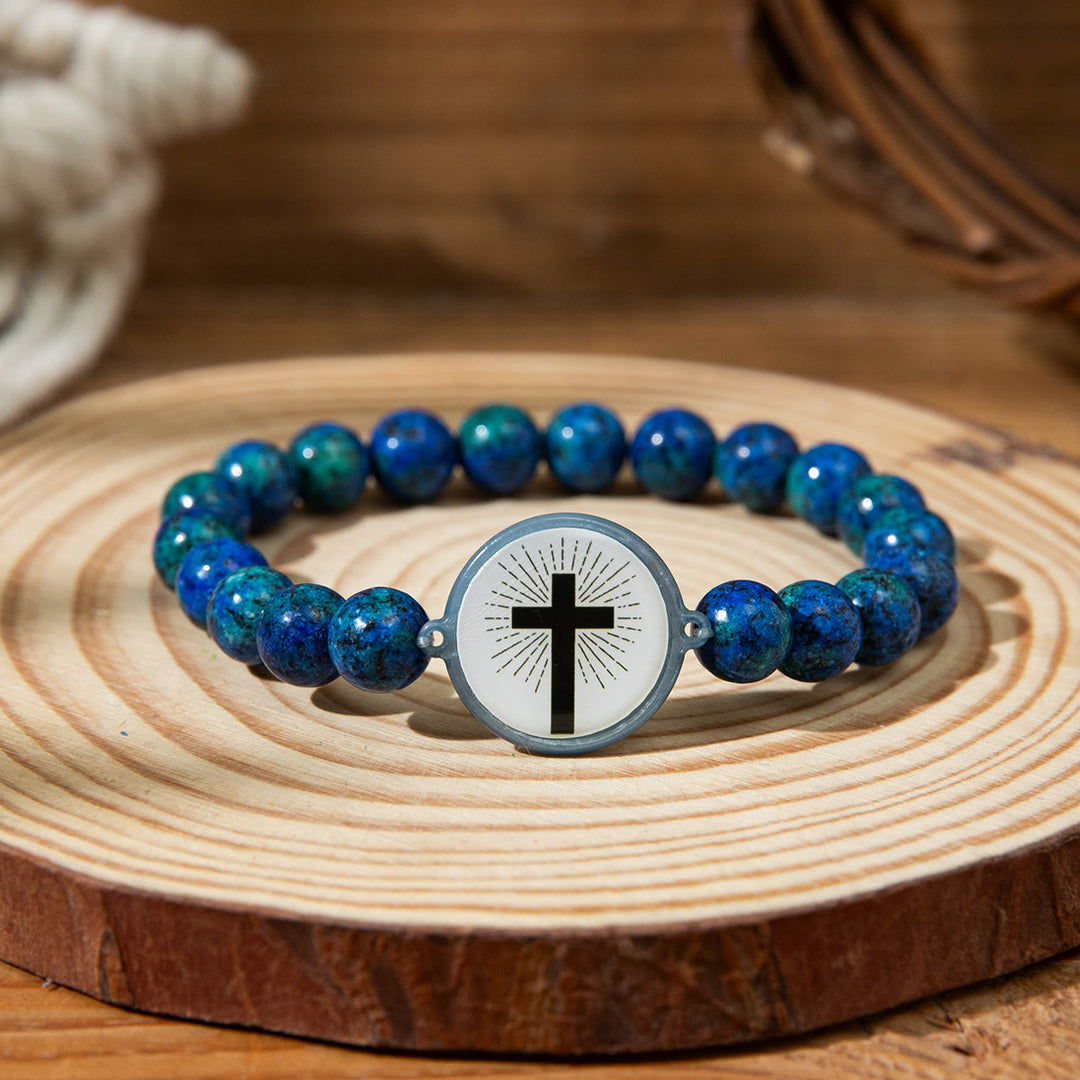 Bracelet en pierre naturelle avec verset biblique connecté NFC de Christianartworkshop : Touchez pour recevoir chaque jour la parole de Jésus - Bleu et Croix A - image 6