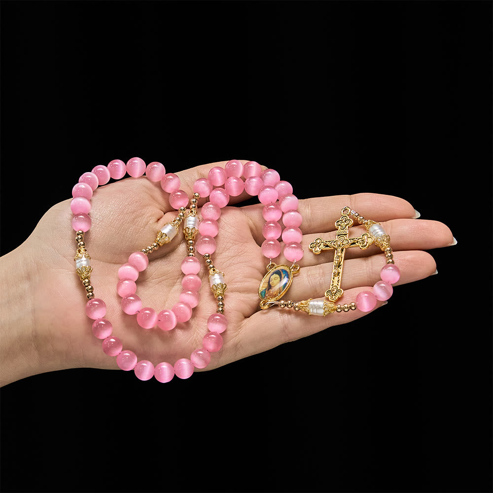 Christianartworkshop Chapelet Notre-Dame en œil de chat rose et perles acryliques : Incarnez l’amour sacré et la douce dévotion - image 1