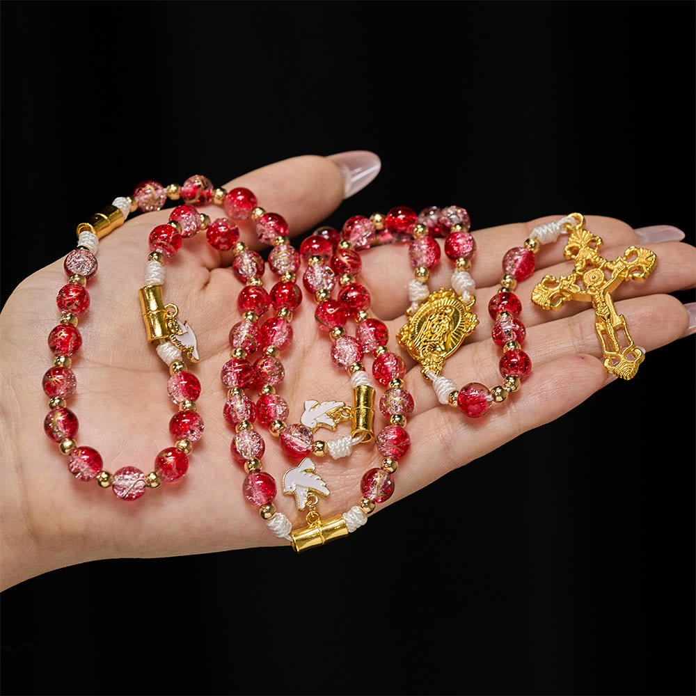 Christianartworkshop Chapelet de Notre-Dame avec colombe du Saint-Esprit et perles de verre rouge : incarne l’amour sacré et une dévotion vibrante - image 1