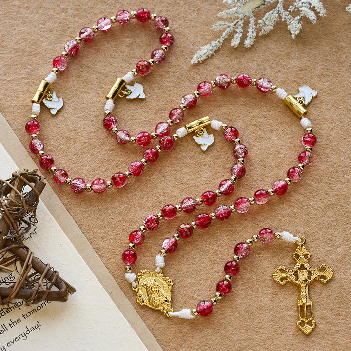 Christianartworkshop Chapelet de Notre-Dame avec colombe du Saint-Esprit et perles de verre rouge : incarne l’amour sacré et une dévotion vibrante - Notre-Dame et le Crucifix - image 0