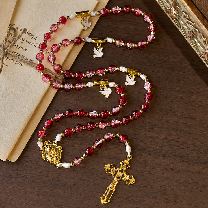 Christianartworkshop Chapelet de Notre-Dame avec colombe du Saint-Esprit et perles de verre rouge : incarne l’amour sacré et une dévotion vibrante - image 8