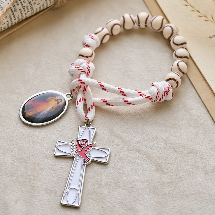 Chapelet de poche à perles de baseball avec crucifix en forme de colombe et médaille de la Miséricorde divine, fabriqué par Christianartworkshop - image 3