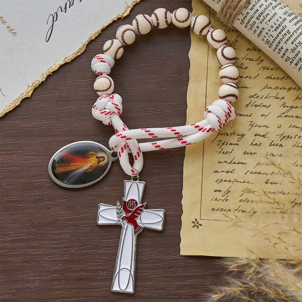 Chapelet de poche à perles de baseball avec crucifix en forme de colombe et médaille de la Miséricorde divine, fabriqué par Christianartworkshop - image 5
