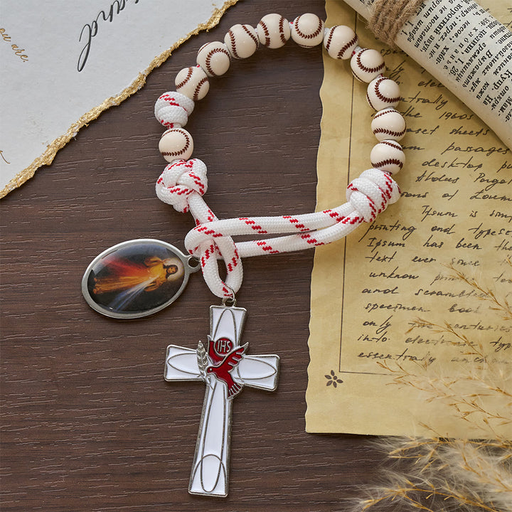 Chapelet de poche à perles de baseball avec crucifix en forme de colombe et médaille de la Miséricorde divine, fabriqué par Christianartworkshop - image 5