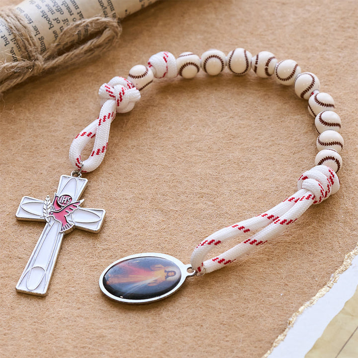 Chapelet de poche à perles de baseball avec crucifix en forme de colombe et médaille de la Miséricorde divine, fabriqué par Christianartworkshop - image 4