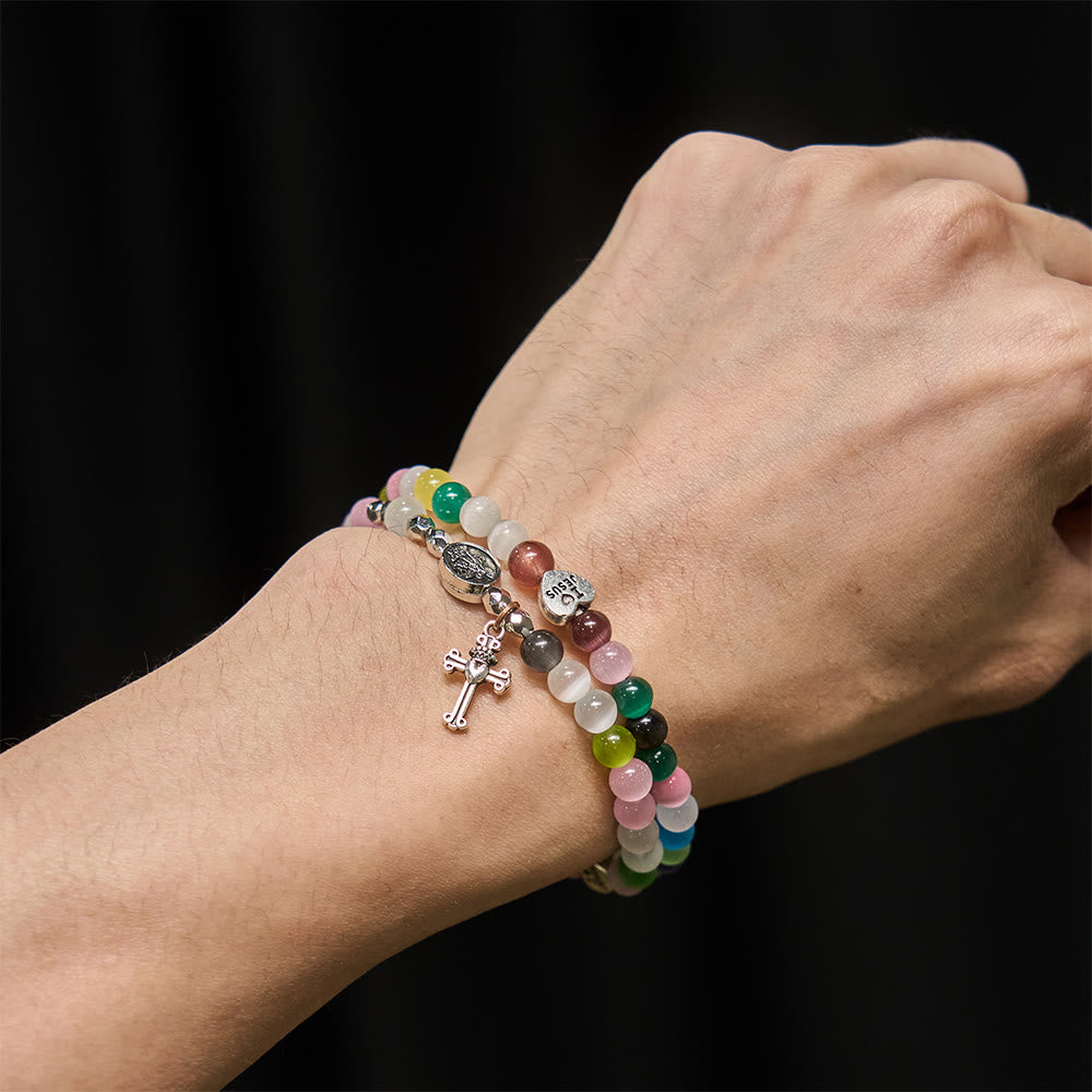 Christianartworkshop Bracelet (collier pour enfants) en perles œil-de-chat multicolores avec médailles « J’aime Jésus » et Archange - image 1