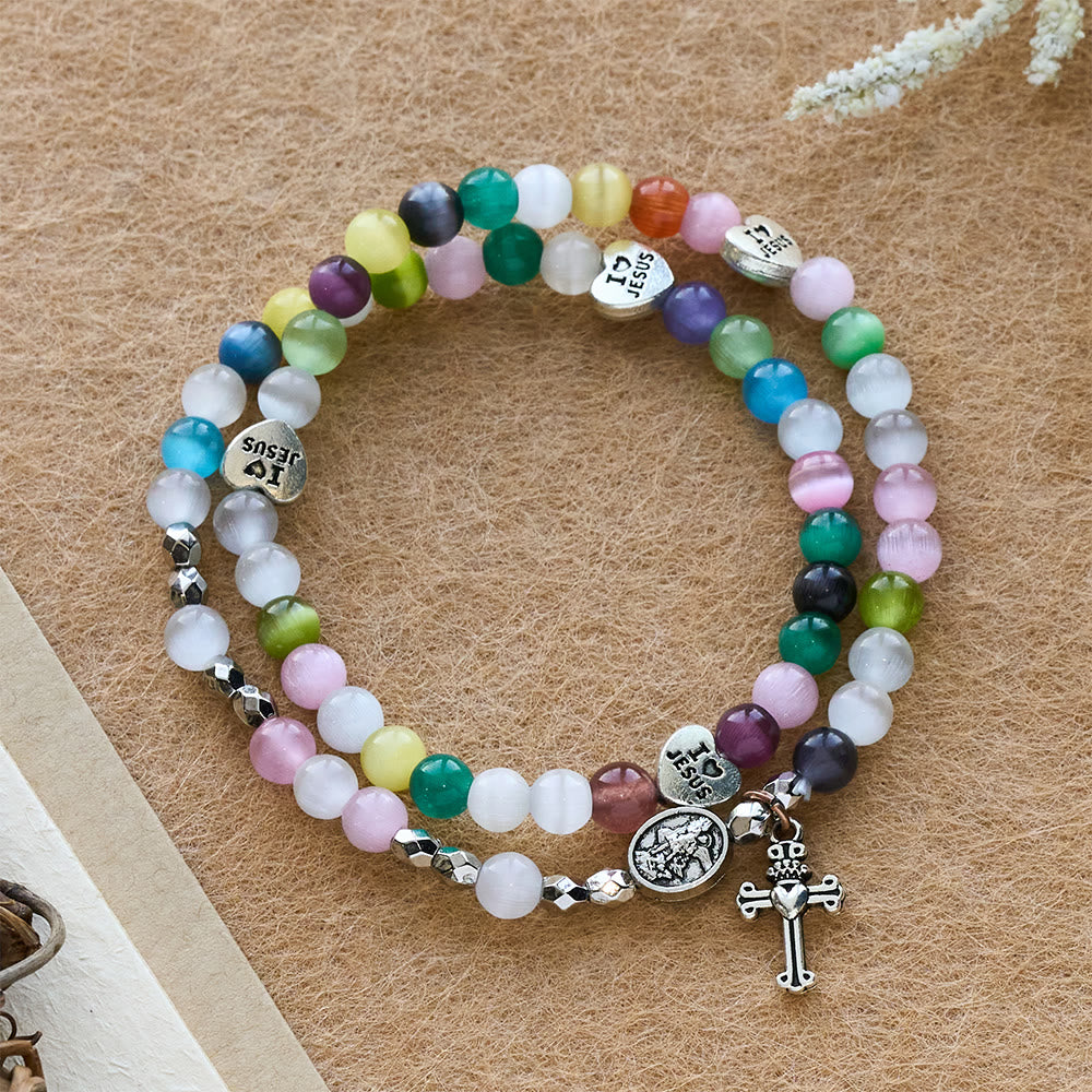 Christianartworkshop Bracelet (collier pour enfants) en perles œil-de-chat multicolores avec médailles « J’aime Jésus » et Archange - Médaille Croix et Ange - image 0