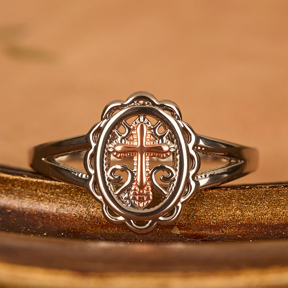 Bague croix bicolore Christianartworkshop : Bijou de foi en filigrane argent et or rose - Argent - 10 US - image 0
