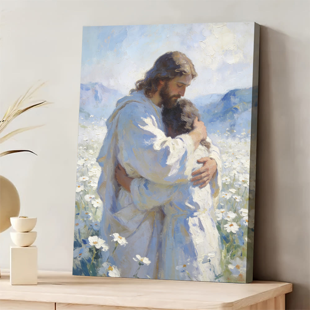 Christianartworkshop L'étreinte tendre de Jésus dans un champ de fleurs - Affiche murale : Un rappel visuel de son amour inconditionnel - 11,81 po × 15,75 po × 0,71 po / 30 × 40 × 1,8 cm - Tableau sur toile encadré - image 0