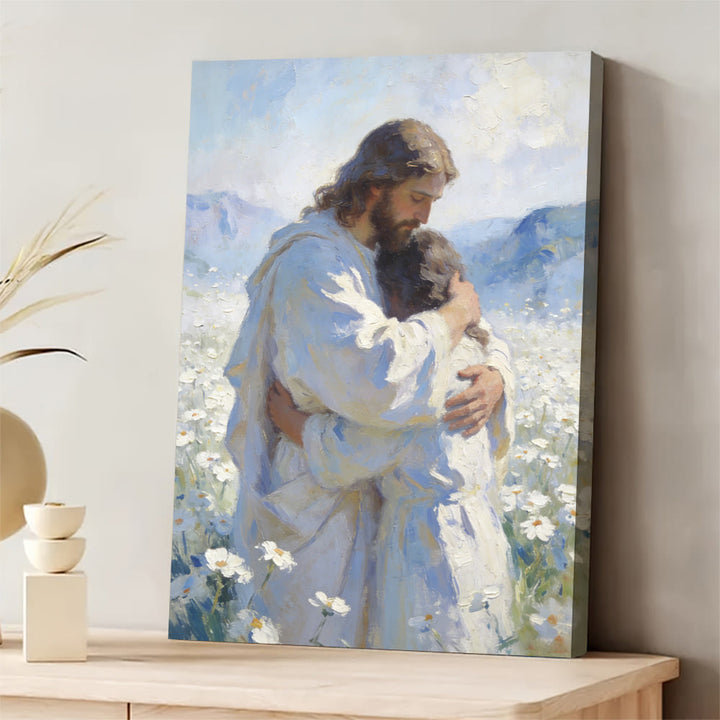 Christianartworkshop L'étreinte tendre de Jésus dans un champ de fleurs - Affiche murale : Un rappel visuel de son amour inconditionnel - 11,81 po × 15,75 po × 0,71 po / 30 × 40 × 1,8 cm - Tableau sur toile encadré - image 0