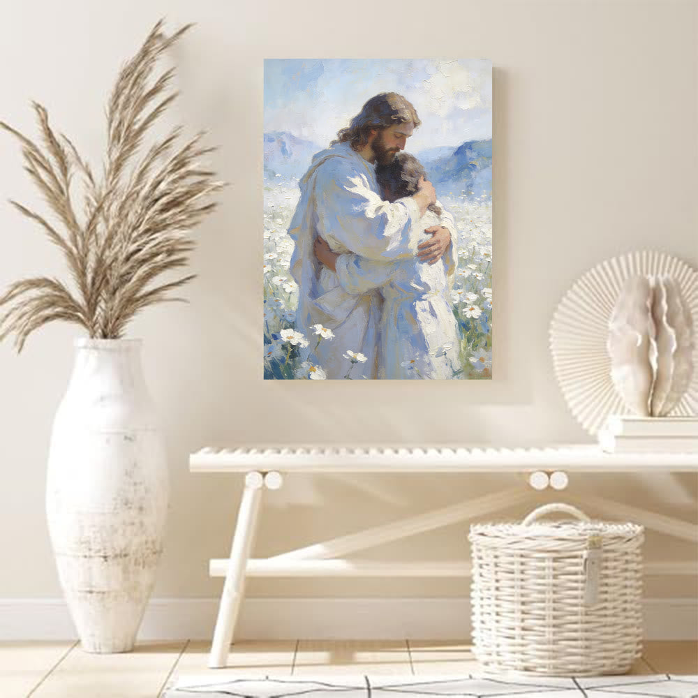 Christianartworkshop L'étreinte tendre de Jésus dans un champ de fleurs - Affiche murale : Un rappel visuel de son amour inconditionnel - image 3