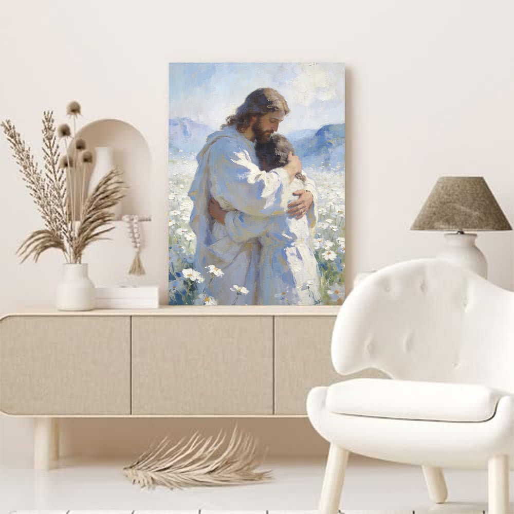 Christianartworkshop L'étreinte tendre de Jésus dans un champ de fleurs - Affiche murale : Un rappel visuel de son amour inconditionnel - image 1