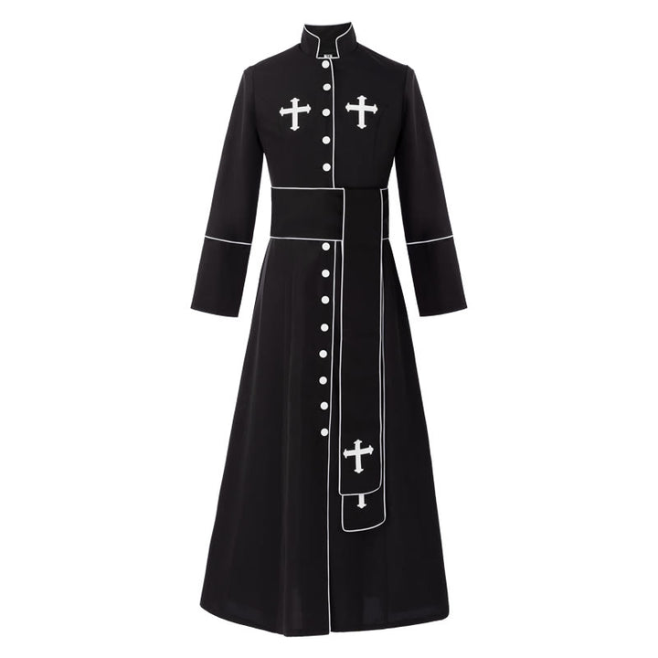 Christianartworkshop Robe de clergé cérémonielle noire et blanche à col montant avec ceinture et motifs de croix - image 5