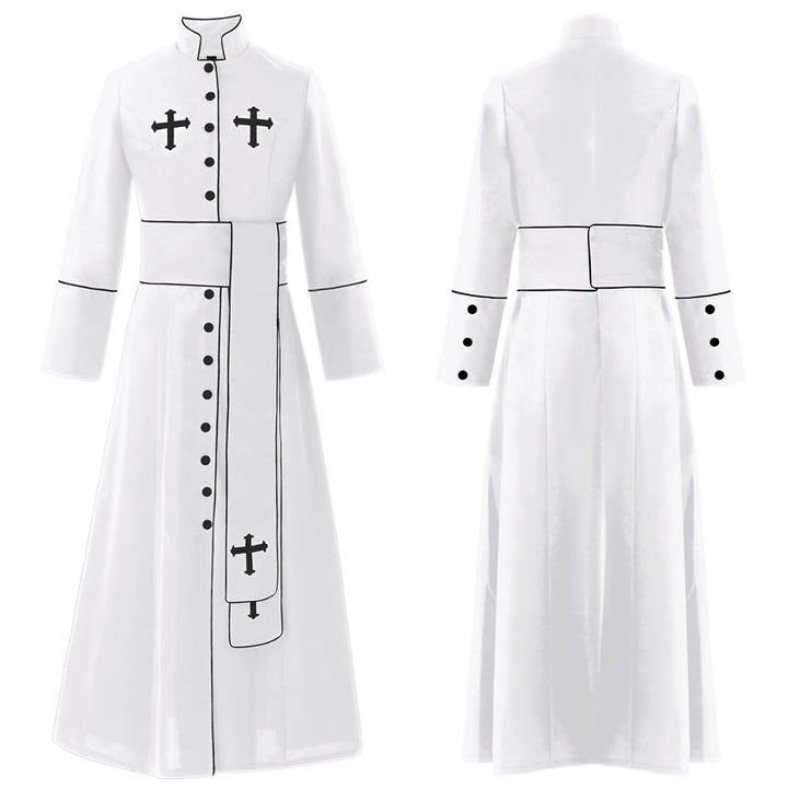 Christianartworkshop Robe de clergé cérémonielle noire et blanche à col montant avec ceinture et motifs de croix - Blanc - 3XL - image 2