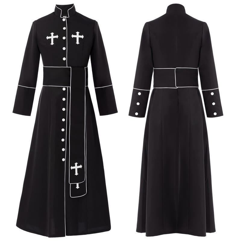 Christianartworkshop Robe de clergé cérémonielle noire et blanche à col montant avec ceinture et motifs de croix - Noir - 3XL - image 3
