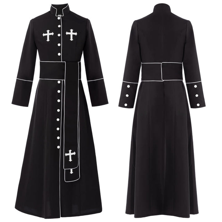 Christianartworkshop Robe de clergé cérémonielle noire et blanche à col montant avec ceinture et motifs de croix - Noir - 3XL - image 3