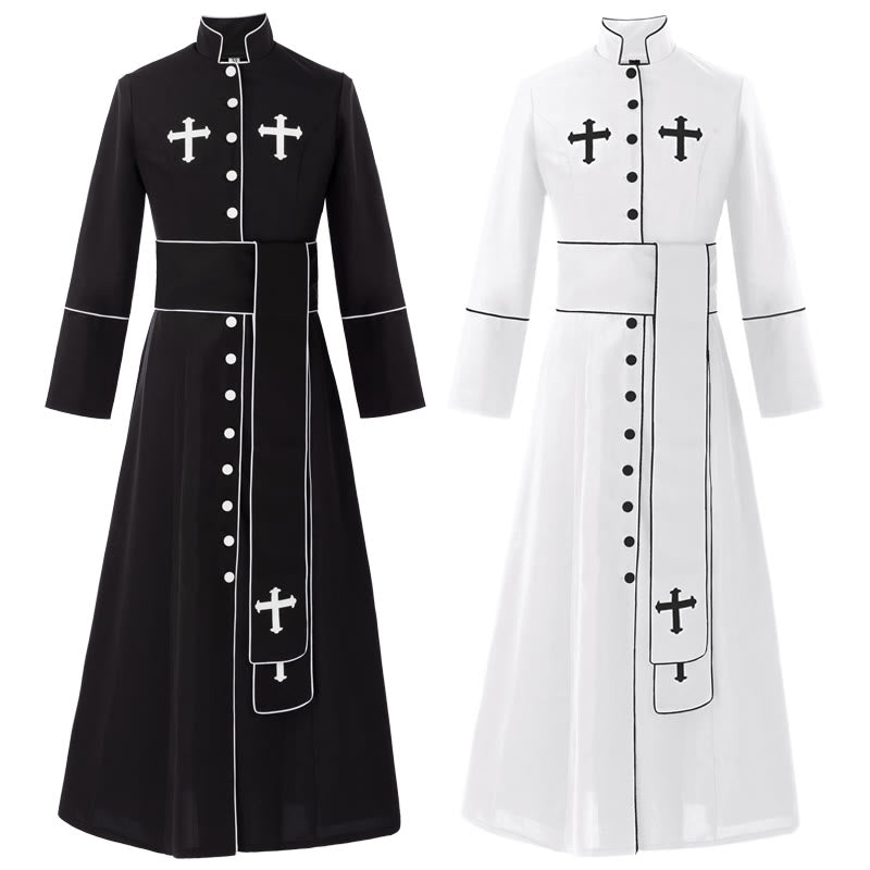 Christianartworkshop Robe de clergé cérémonielle noire et blanche à col montant avec ceinture et motifs de croix - image 1