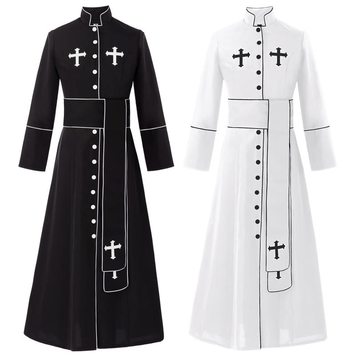 Christianartworkshop Robe de clergé cérémonielle noire et blanche à col montant avec ceinture et motifs de croix - image 1