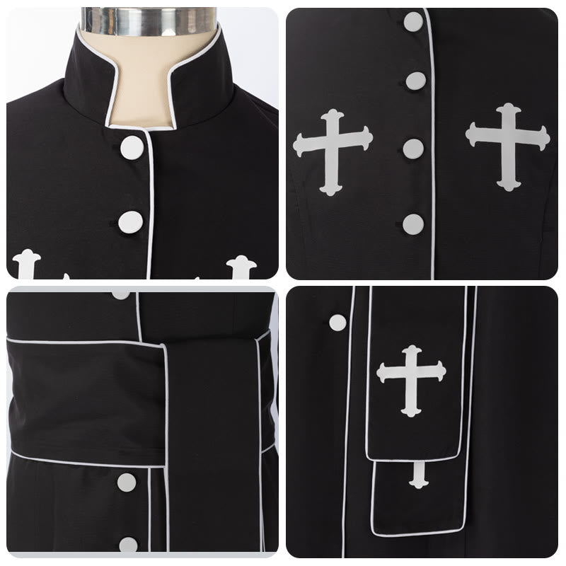 Christianartworkshop Robe de clergé cérémonielle noire et blanche à col montant avec ceinture et motifs de croix - image 10