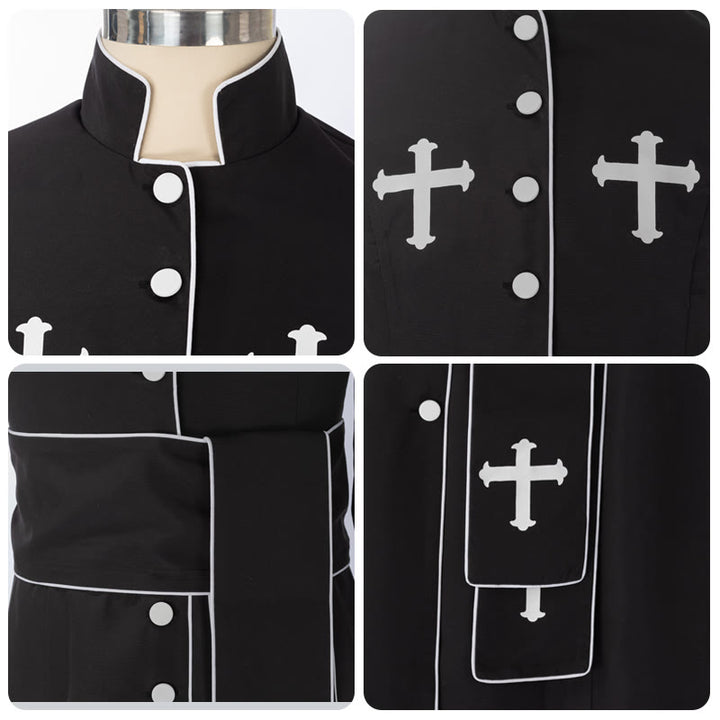 Christianartworkshop Robe de clergé cérémonielle noire et blanche à col montant avec ceinture et motifs de croix - image 10