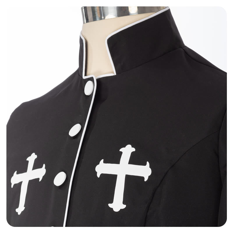 Christianartworkshop Robe de clergé cérémonielle noire et blanche à col montant avec ceinture et motifs de croix - image 7