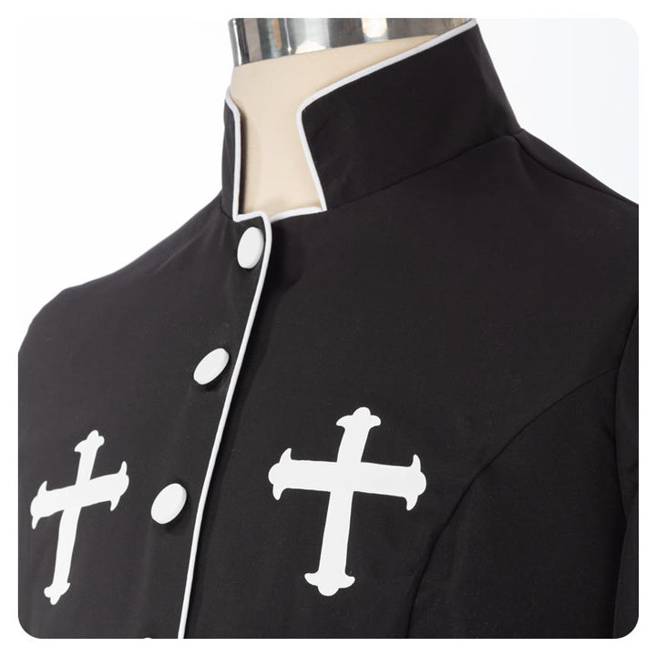 Christianartworkshop Robe de clergé cérémonielle noire et blanche à col montant avec ceinture et motifs de croix - image 7