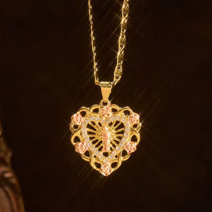 Christianartworkshop Collier ajouré en forme de cœur de Notre-Dame avec une rose : un rappel quotidien de son intercession - Notre Dame - image 0