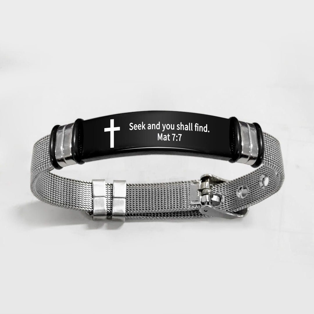 Bracelet croix multi-styles et motivant avec versets bibliques, créé par Christianartworkshop - PVC noir et argent 7:7 - image 51