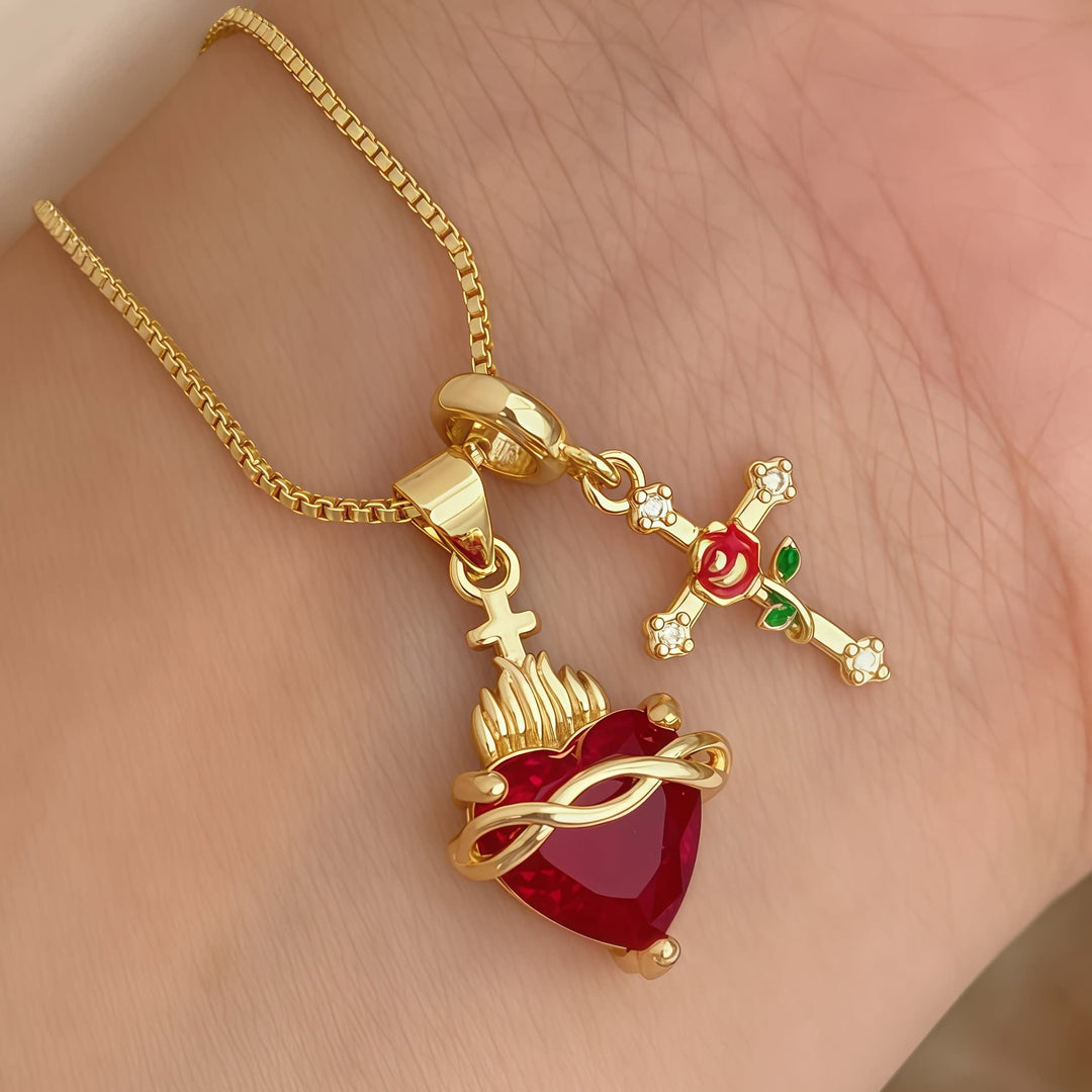 Christianartworkshop Collier pendentif croix Sacré-Cœur et Rose : Incarnez l'amour divin et la grâce rédemptrice - Sacré-Cœur - image 0