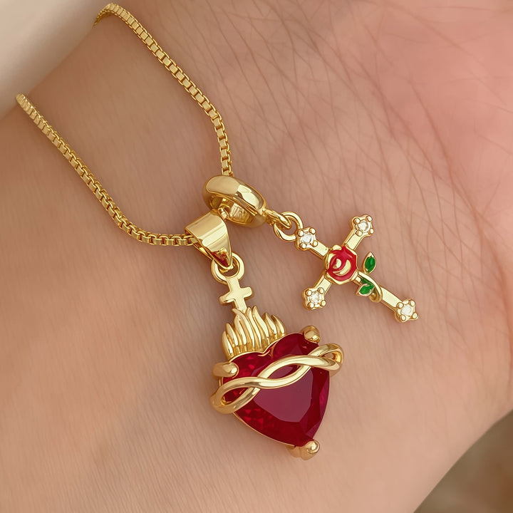 Christianartworkshop Collier pendentif croix Sacré-Cœur et Rose : Incarnez l'amour divin et la grâce rédemptrice - Sacré-Cœur - image 0