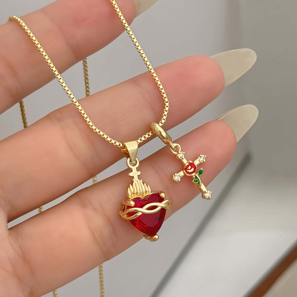 Christianartworkshop Collier pendentif croix Sacré-Cœur et Rose : Incarnez l'amour divin et la grâce rédemptrice - image 1