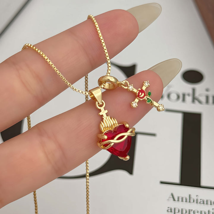 Christianartworkshop Collier pendentif croix Sacré-Cœur et Rose : Incarnez l'amour divin et la grâce rédemptrice - image 2