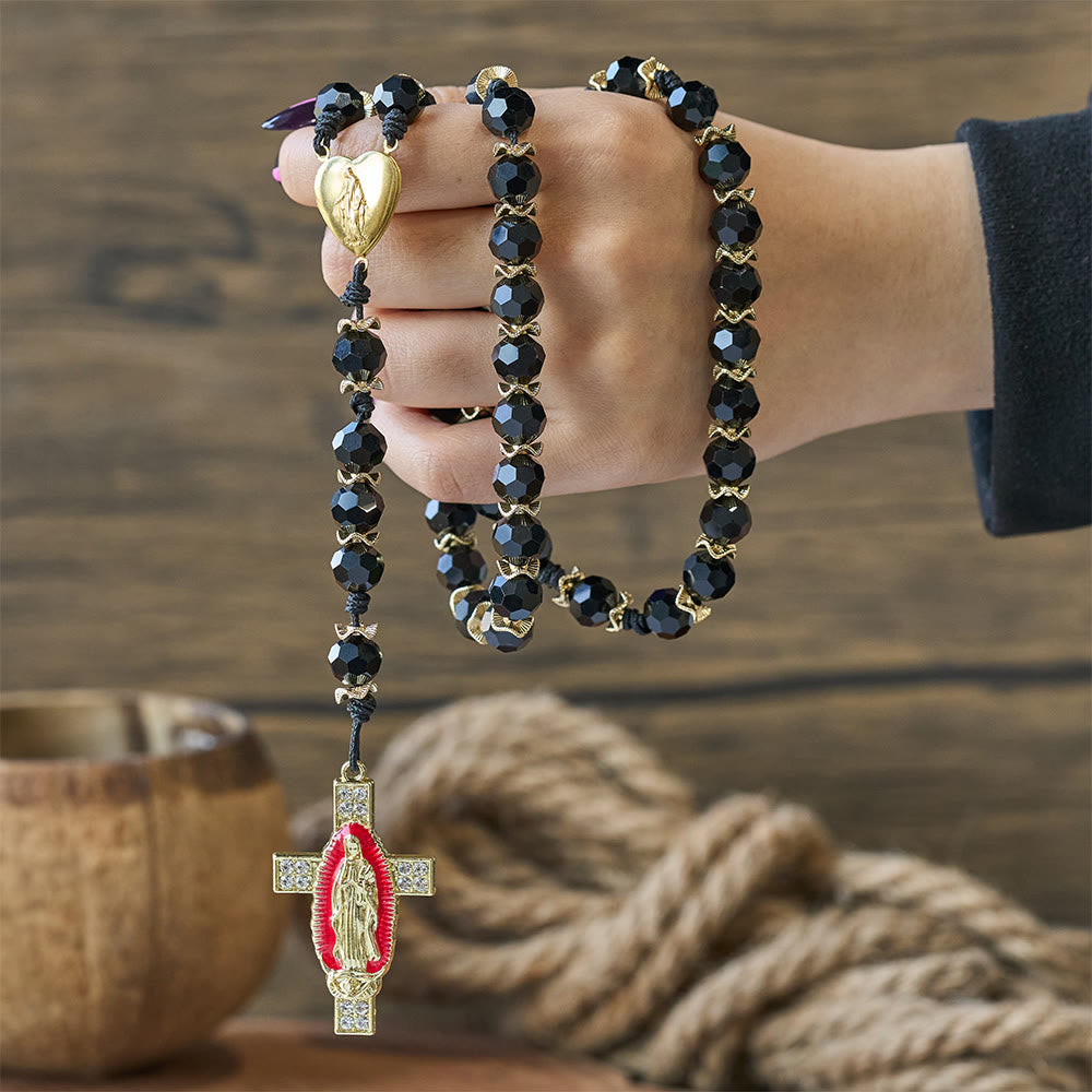 Christianartworkshop Chapelet élégant en verre noir facetté avec croix en émail rouge de la Vierge Marie - image 1