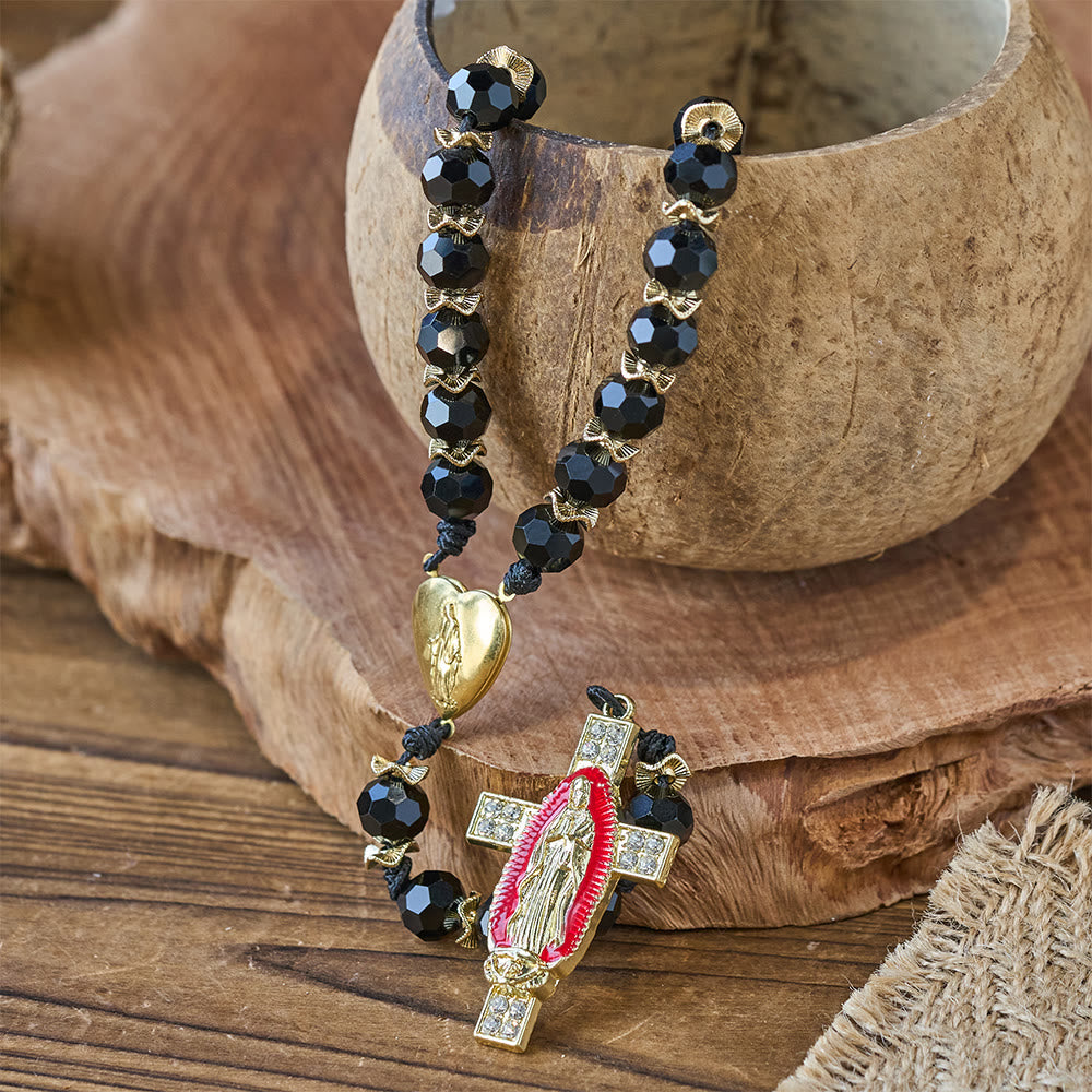 Christianartworkshop Chapelet élégant en verre noir facetté avec croix en émail rouge de la Vierge Marie - image 6