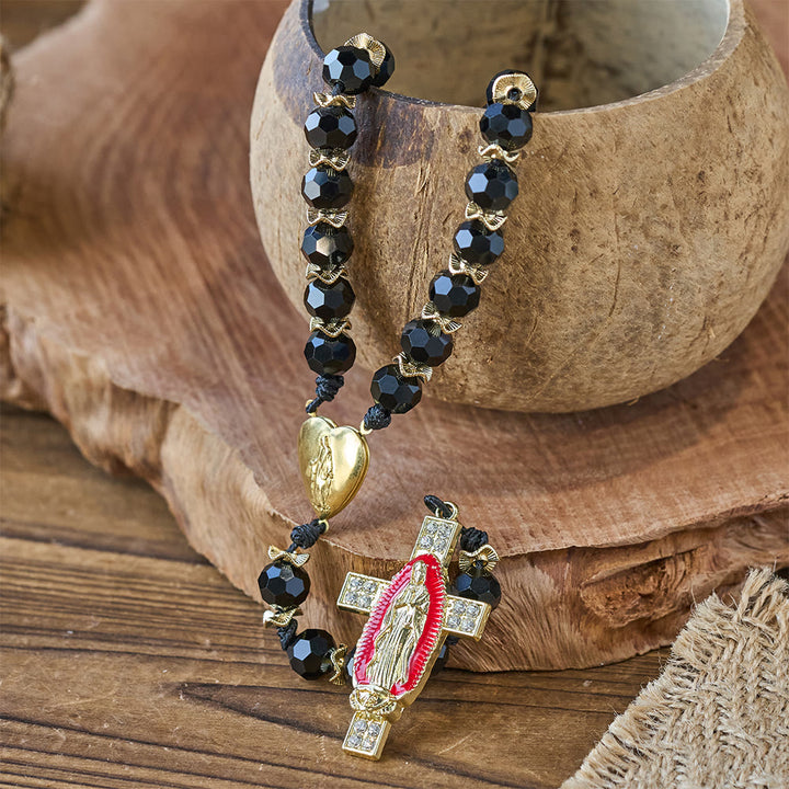 Christianartworkshop Chapelet élégant en verre noir facetté avec croix en émail rouge de la Vierge Marie - image 6